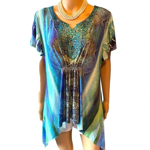 World Unity Artsy Boho Stretchy Soft comfortable Summer Blouse Women size 0X/XXL - Picture 1 of 5